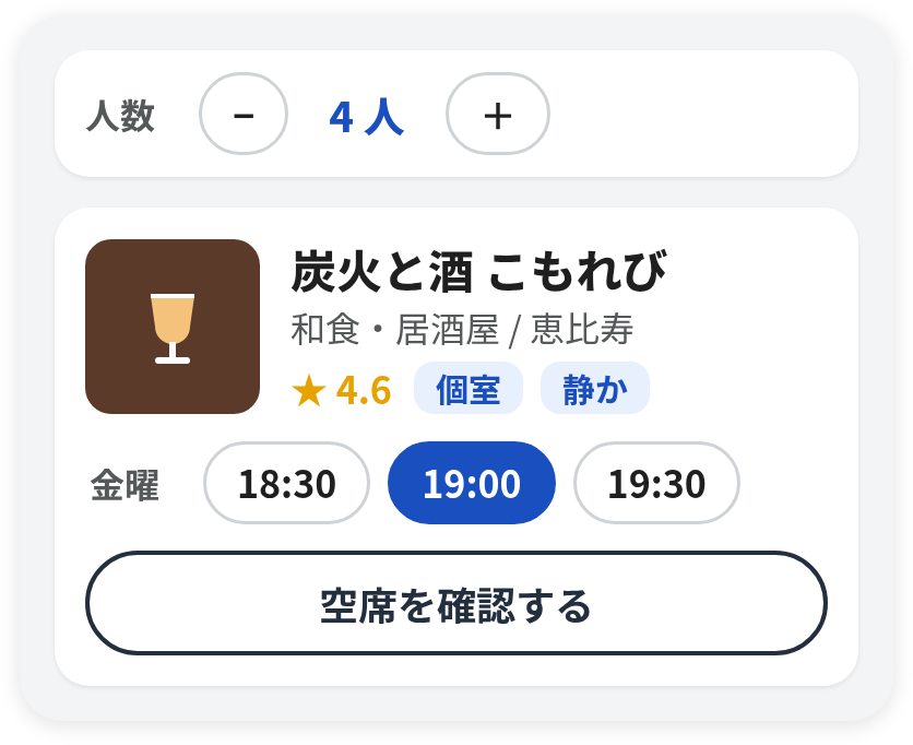 生成された人数の選択とお店のカード(炭火と酒 こもれび)