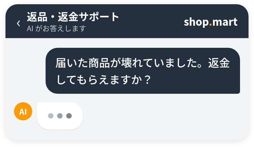 架空の EC アプリ shop.mart の返品・返金サポートのチャットで、届いた商品が壊れていたので返金できるかを FAQ ボットに質問し、回答を待っている画面