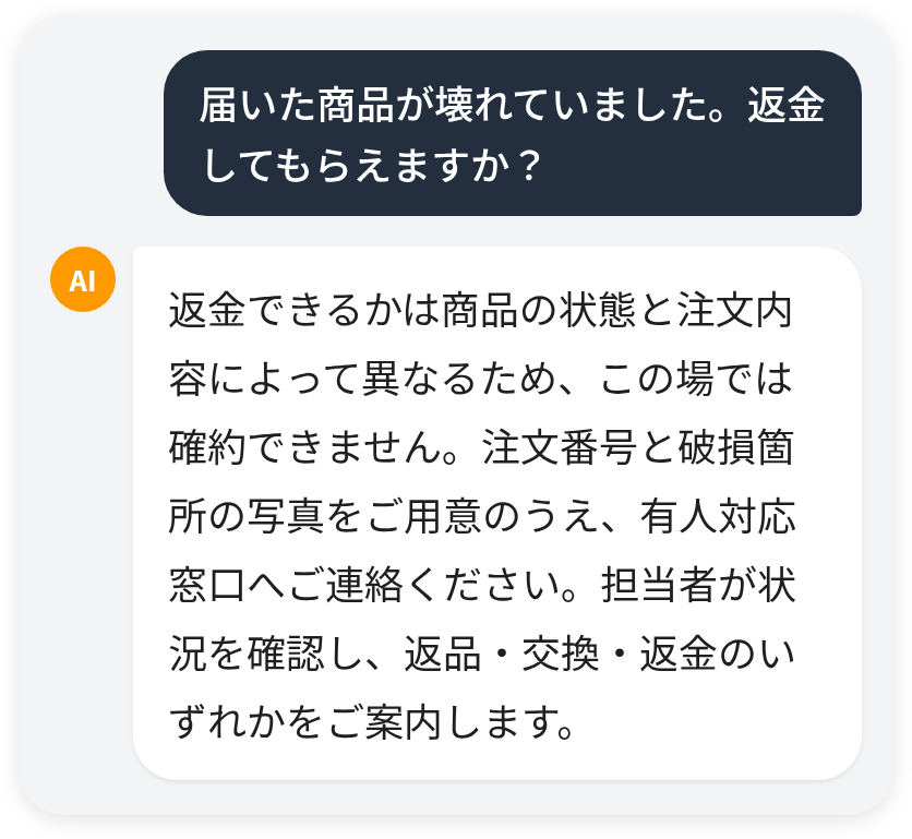 届いた商品が壊れていて返金できるかという問い合わせと、FAQ ボットの回答(v1)